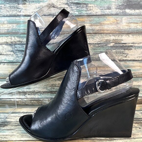 Born Womens Size 9M Slingback Sandals Black Leather Wedge Heel Open Toe Buckle - Picture 2 of 11